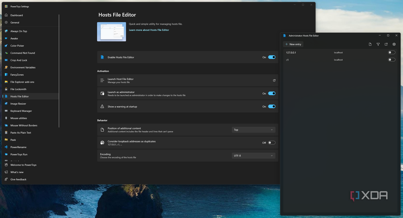 Captura de pantalla del editor de archivos Hosts en PowerToys