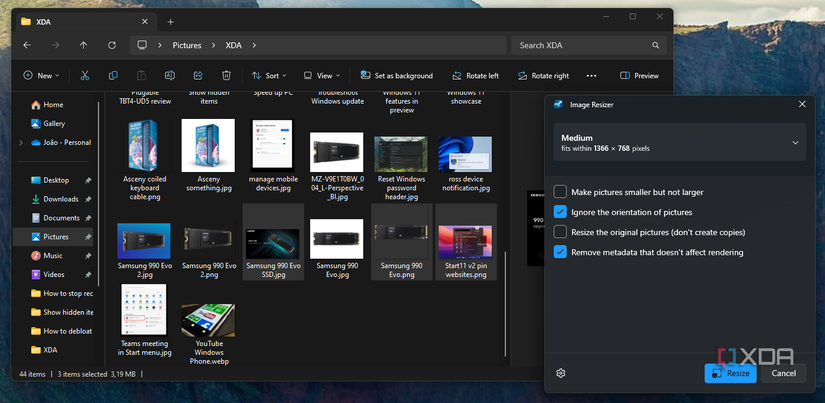 Screenshot of PowerToys Image Resizer next to a File Explorer window