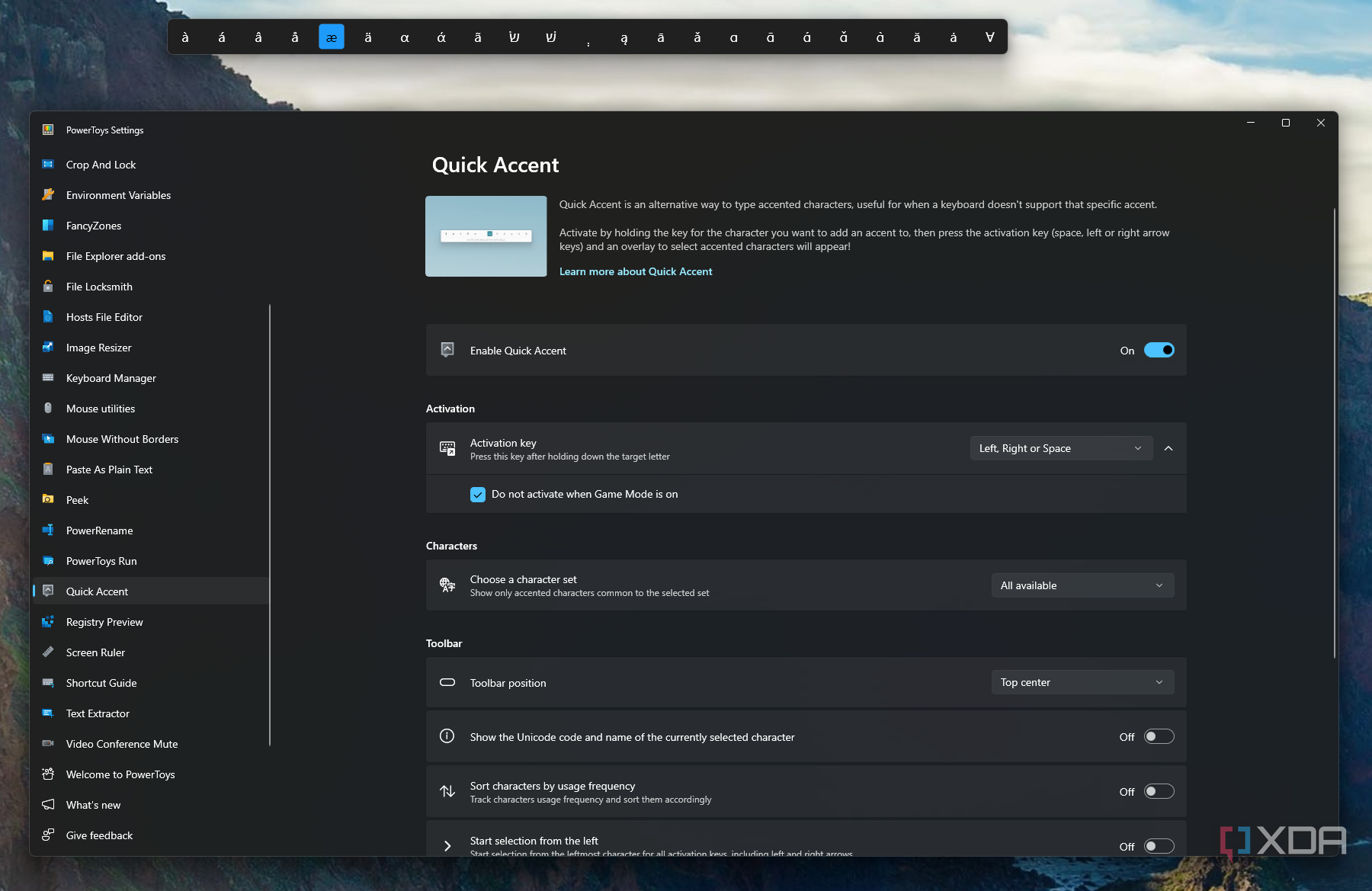 Screenshot of PowerToys Quick Accent with the Quick Accent overlay