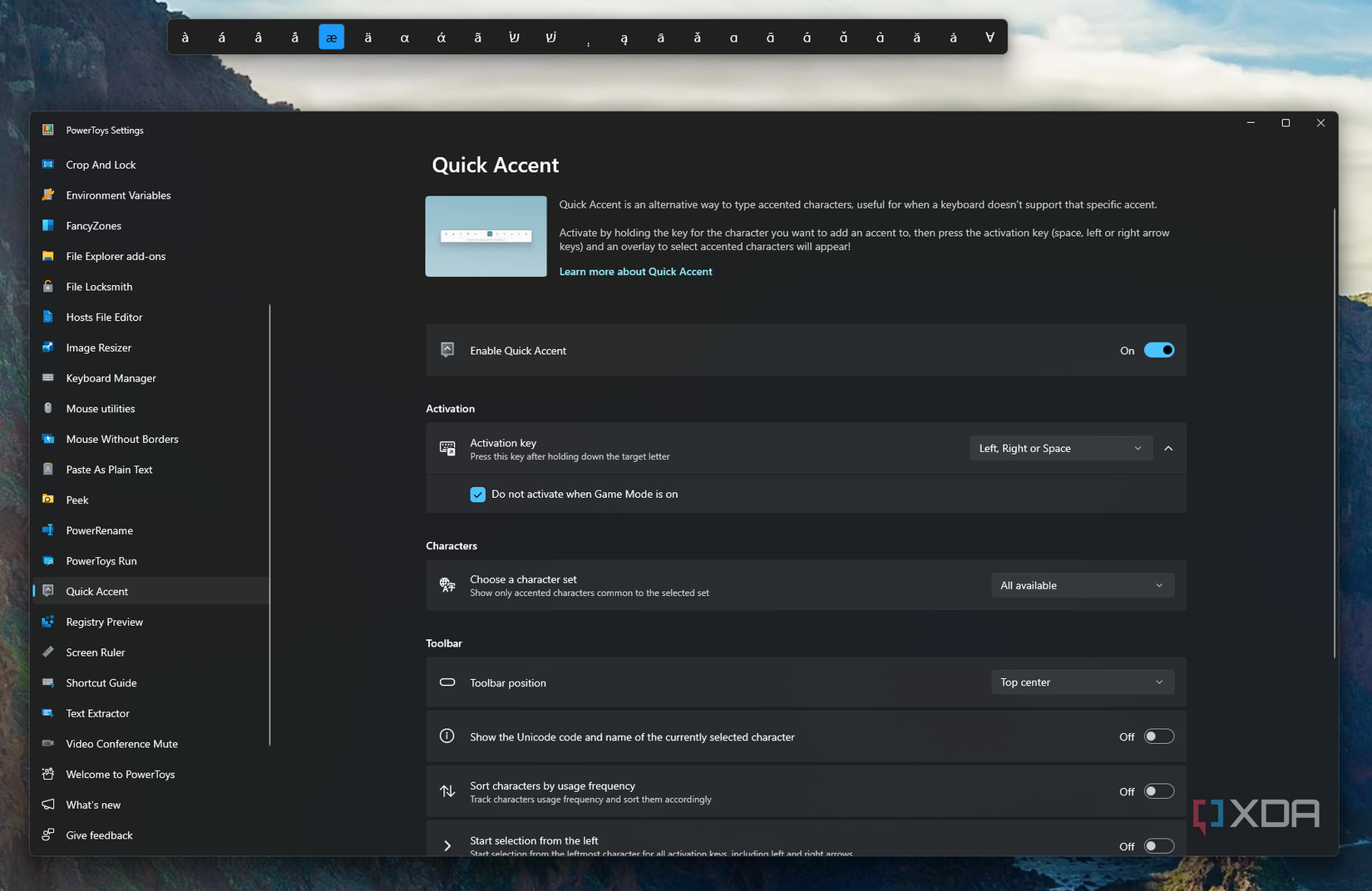 Captura de pantalla de PowerToys Quick Accent con la superposición Quick Accent
