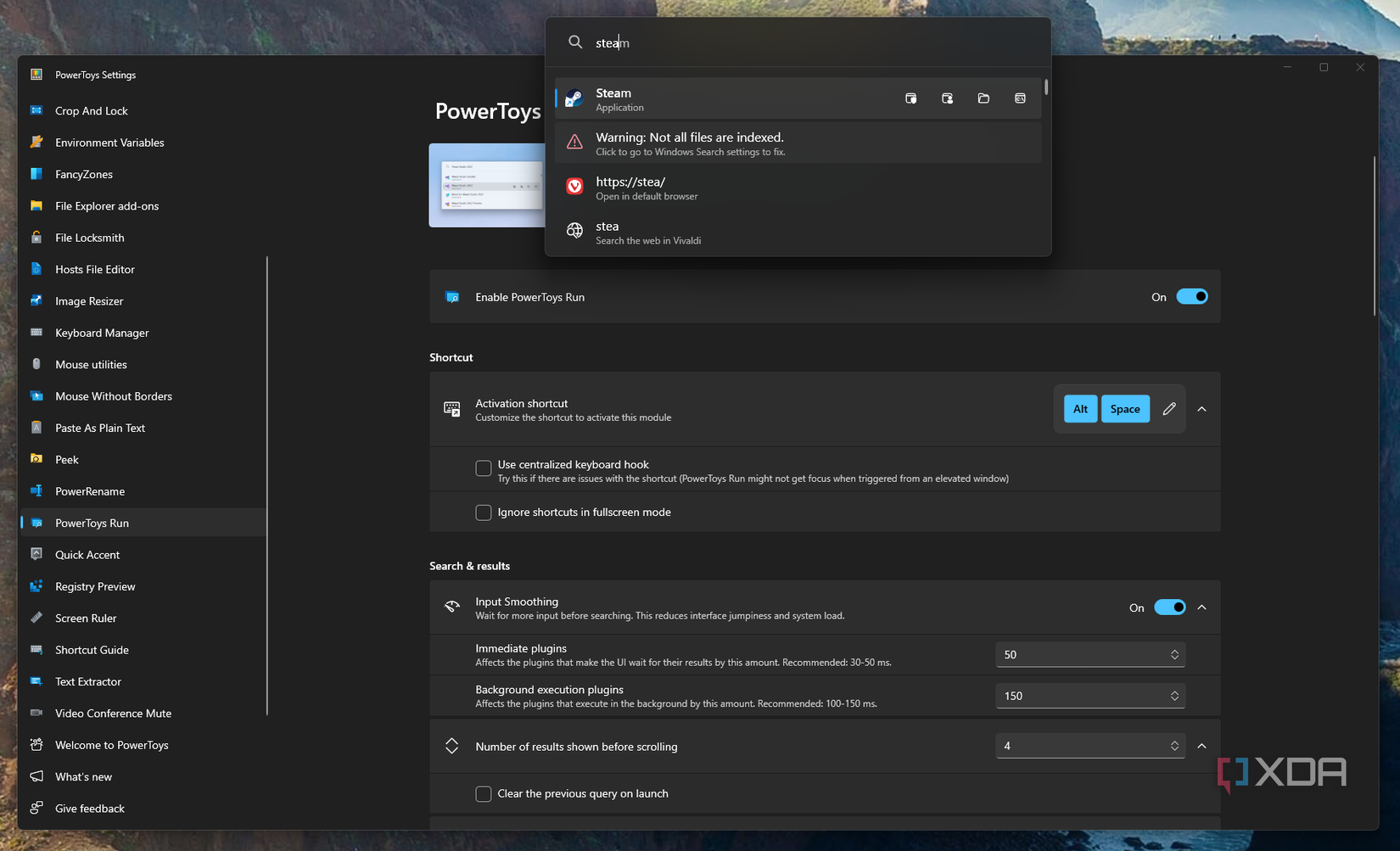 Screenshot of PowerToys Run open over the settings window