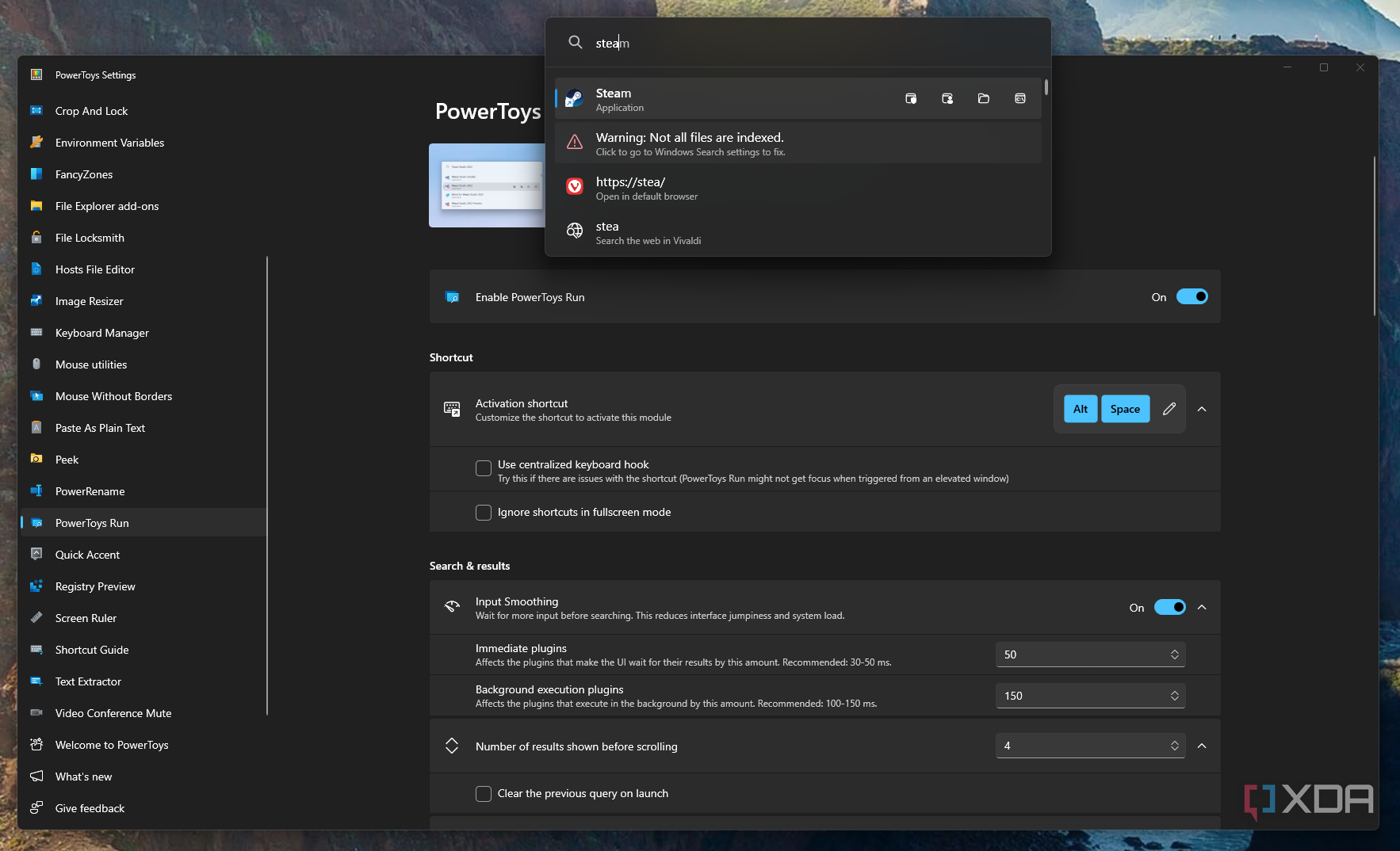 Screenshot of PowerToys Run open over the settings window