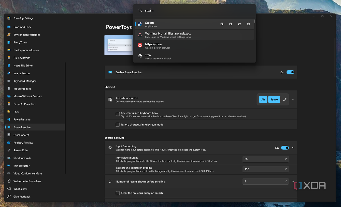 Screenshot of PowerToys Run open over the settings window