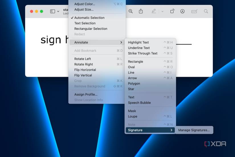 Signature creation in the menu bar