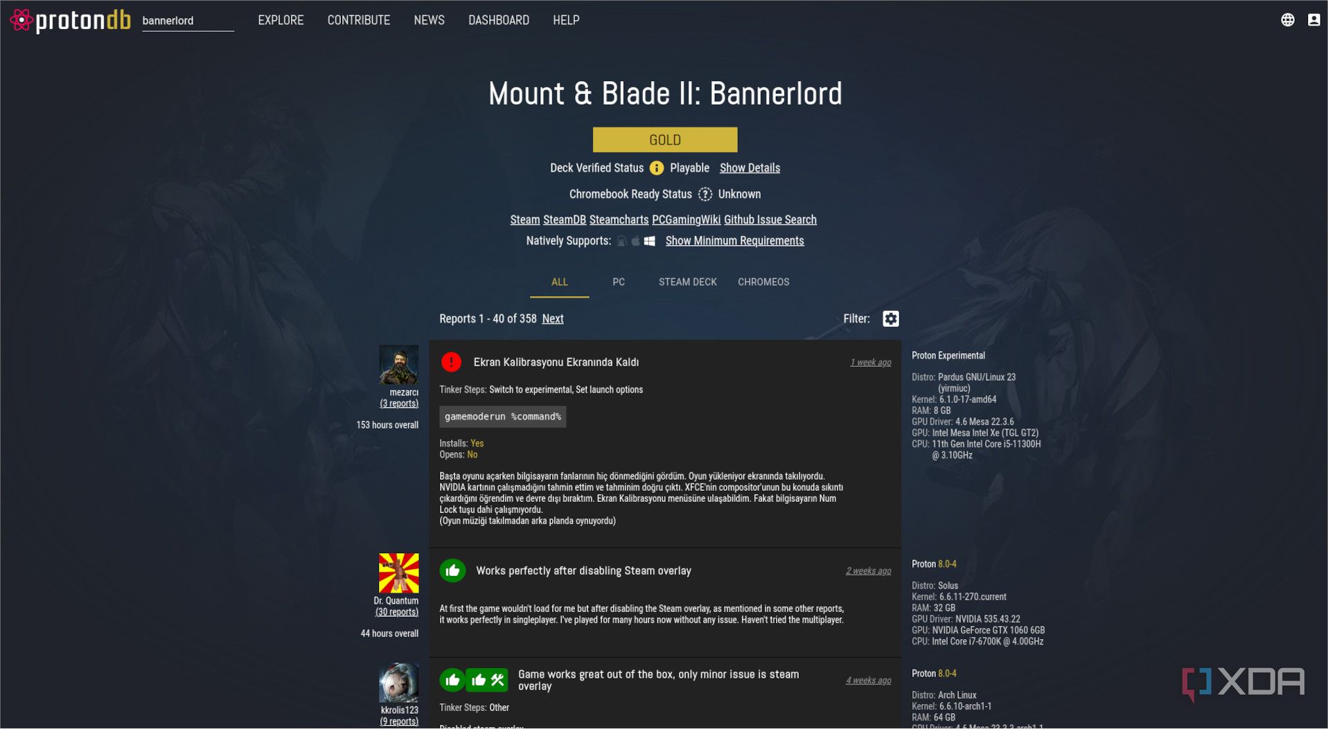 ProtonDB website Bannerlord listing