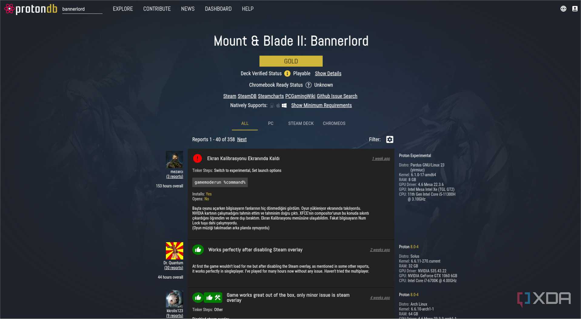 ProtonDB website Bannerlord listing