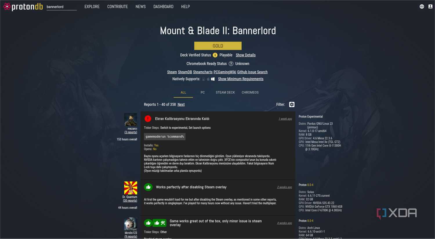 ProtonDB website Bannerlord listing