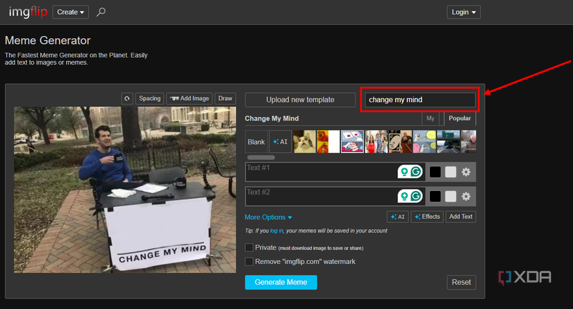 Screenshot of Imgflip with the search bar highlighted