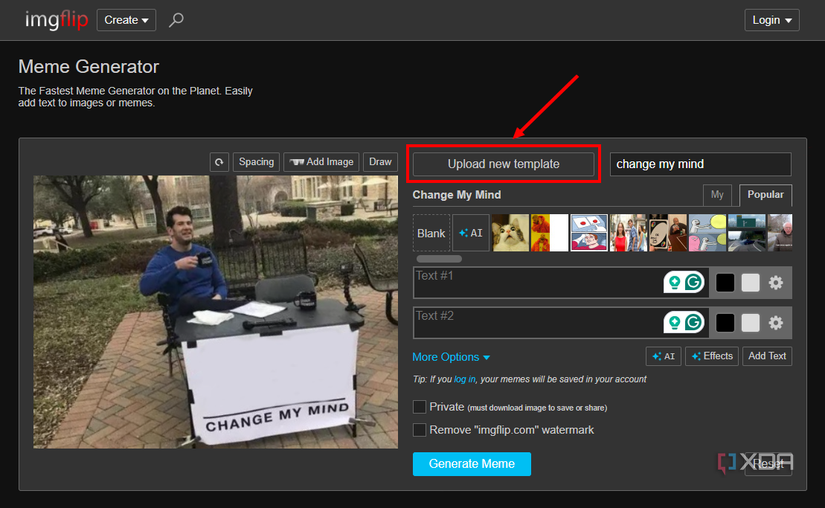 Screenshot of Imgflip with the Upload new template button highlighted