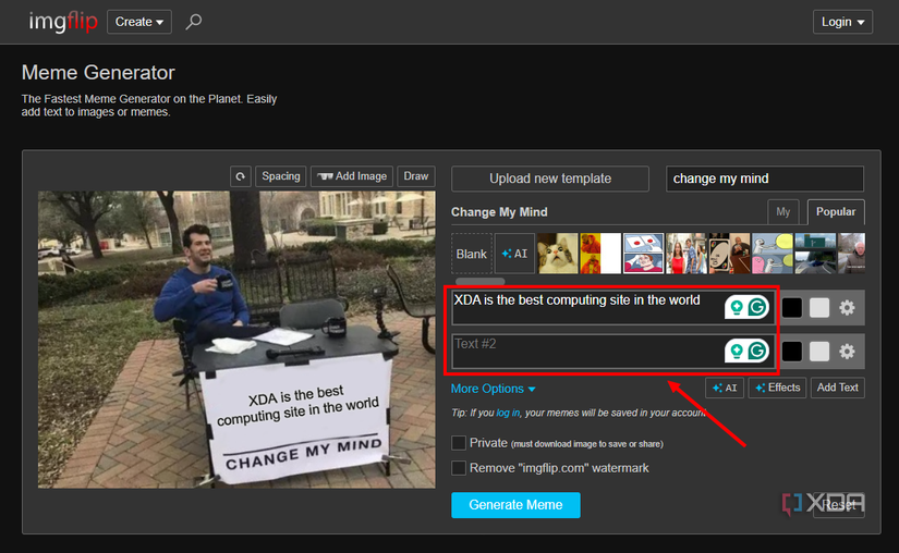 Screenshot of Imgflip with the text fields highlighted