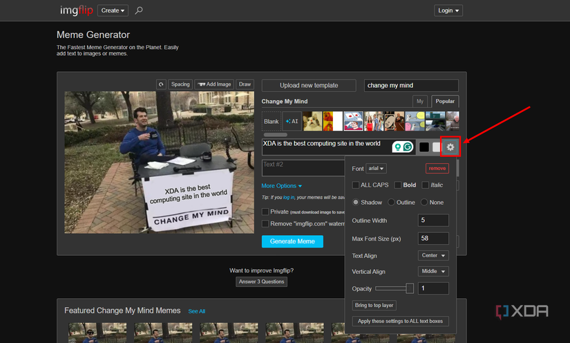 Screenshot of Imgflip with the text settings button highlighted
