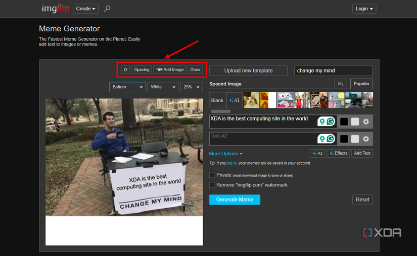Screenshot of Imgflip with the spacing, add image, and draw buttons highlighted