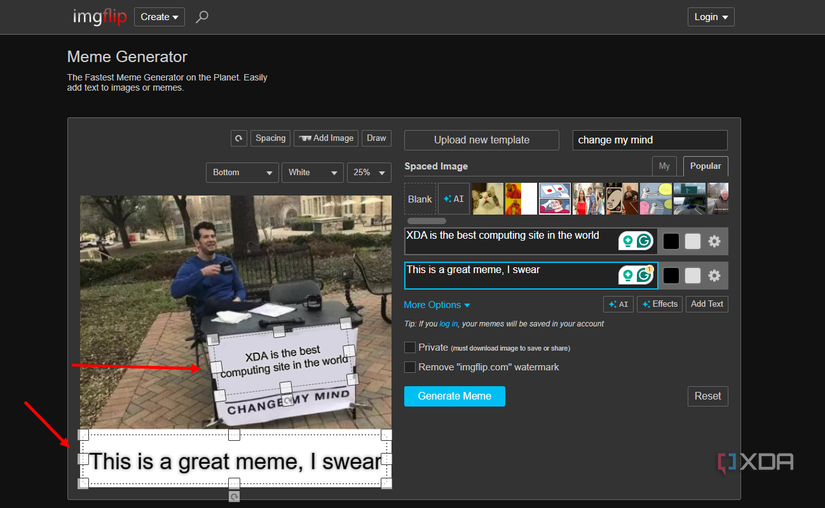 Screenshot of Imgflip showing the text boxes in a meme template