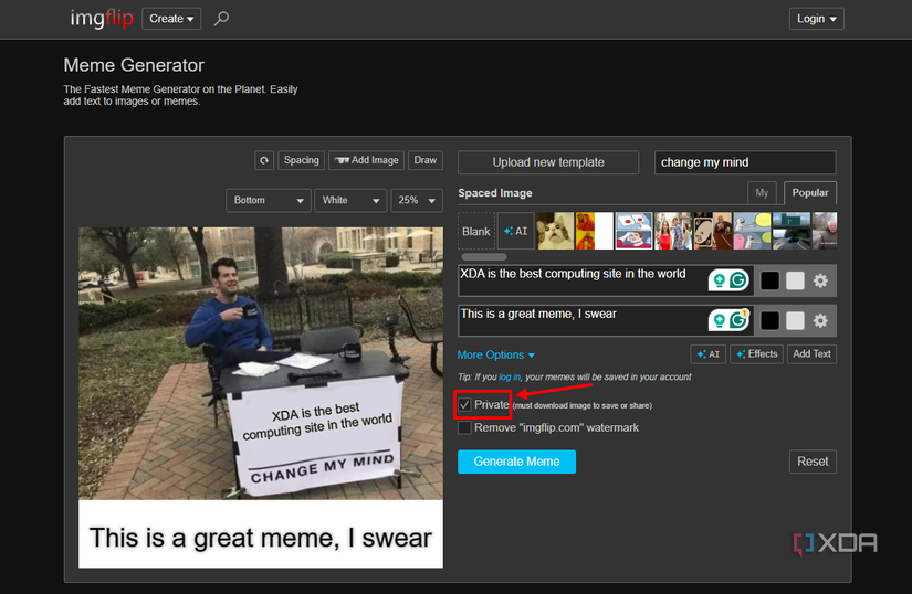 Screenshot of Imgflip with the Private box checked