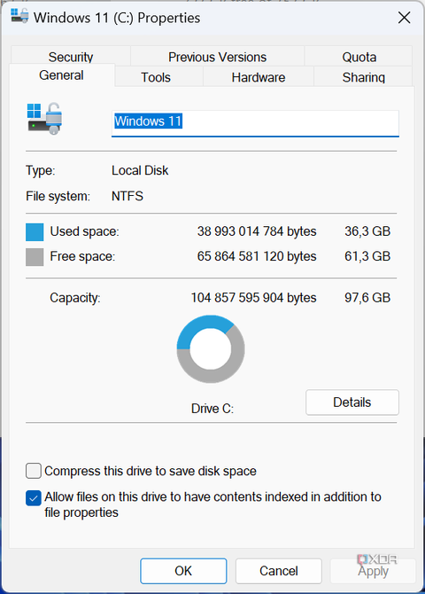 Screenshot of the storage capacity dialog for a 100GB drive with Windows 11 installed