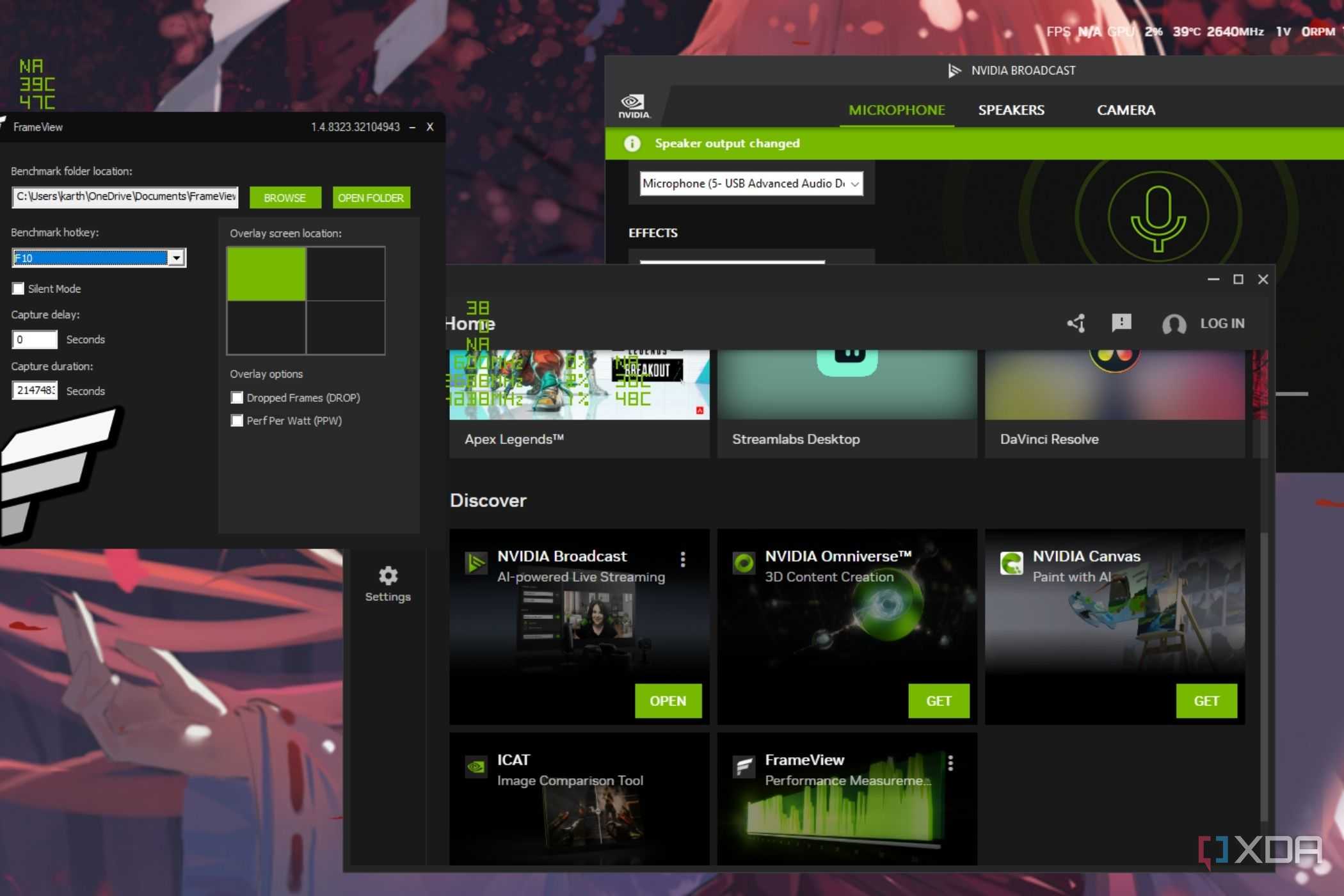 A screenshot showing multiple Nvidia apps open on Windows desktop.