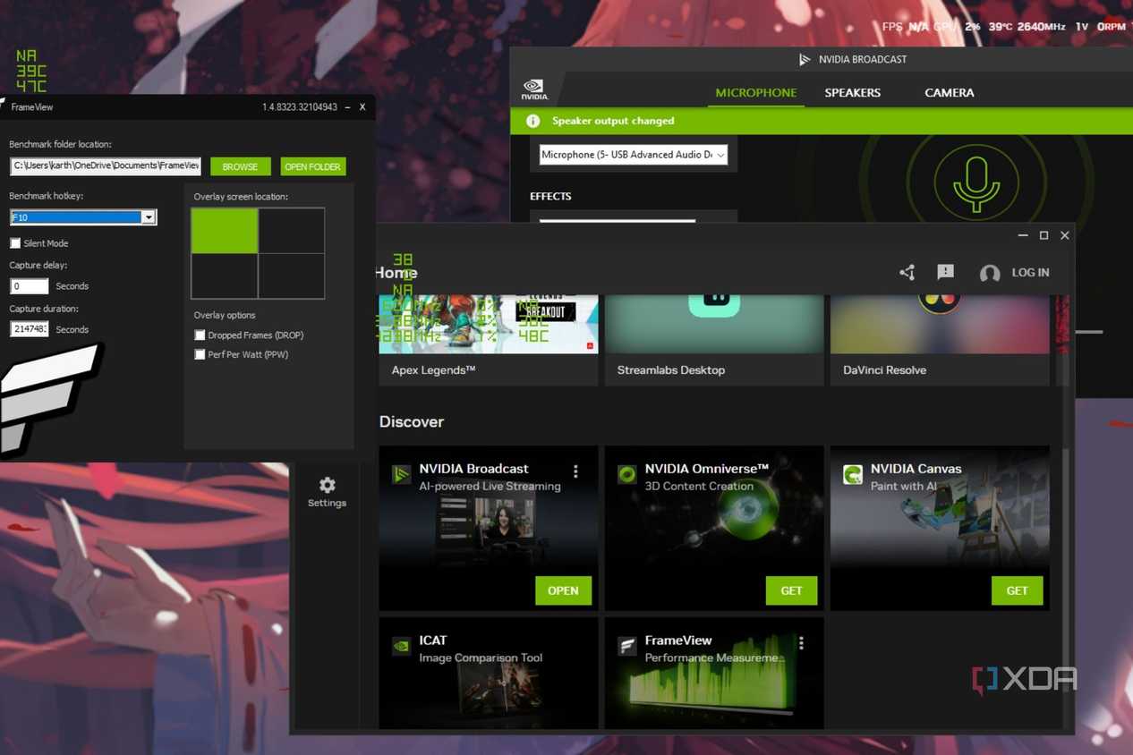 A screenshot showing multiple Nvidia apps open on Windows desktop.