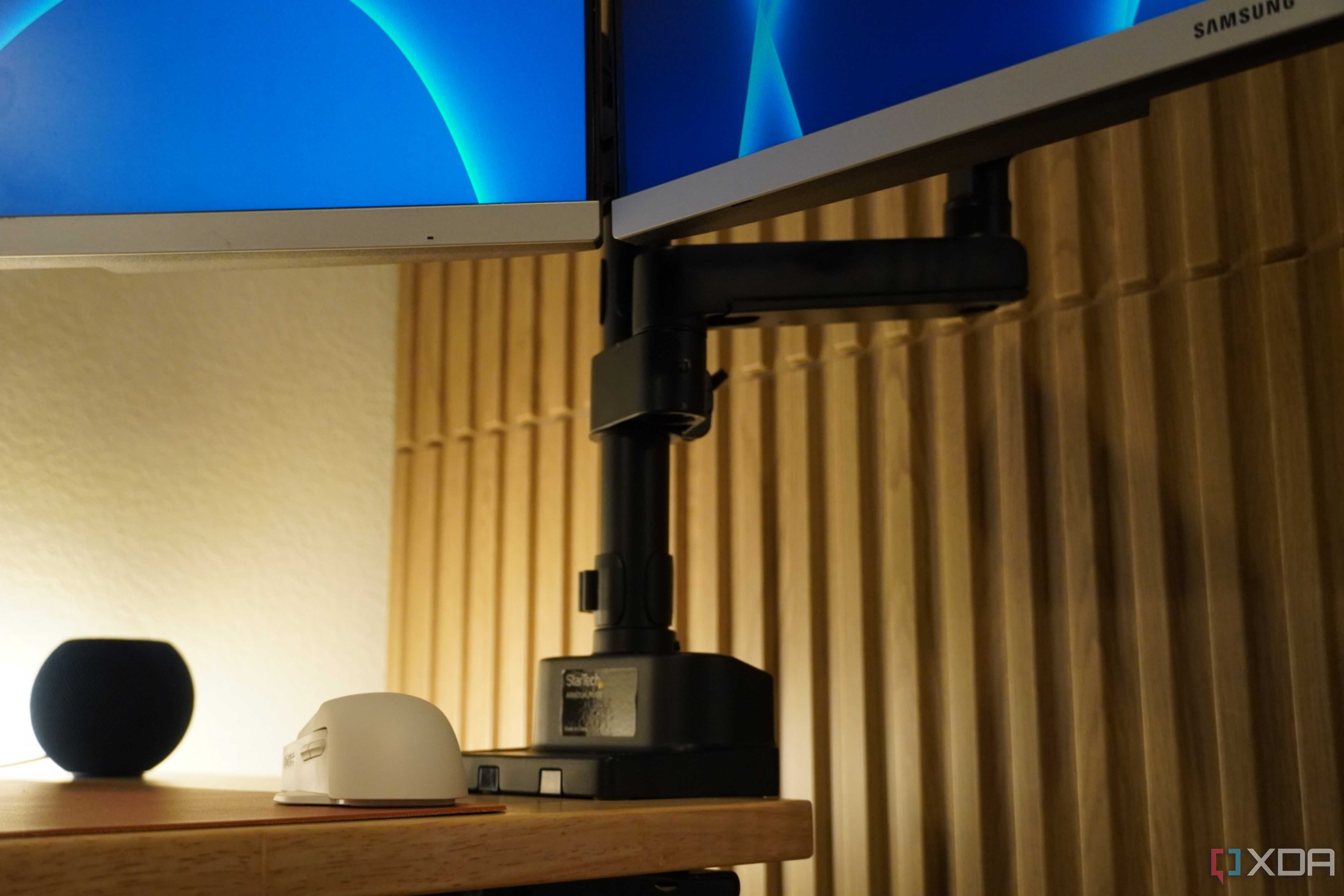 The StarTech dual monitor arm from the bottom.