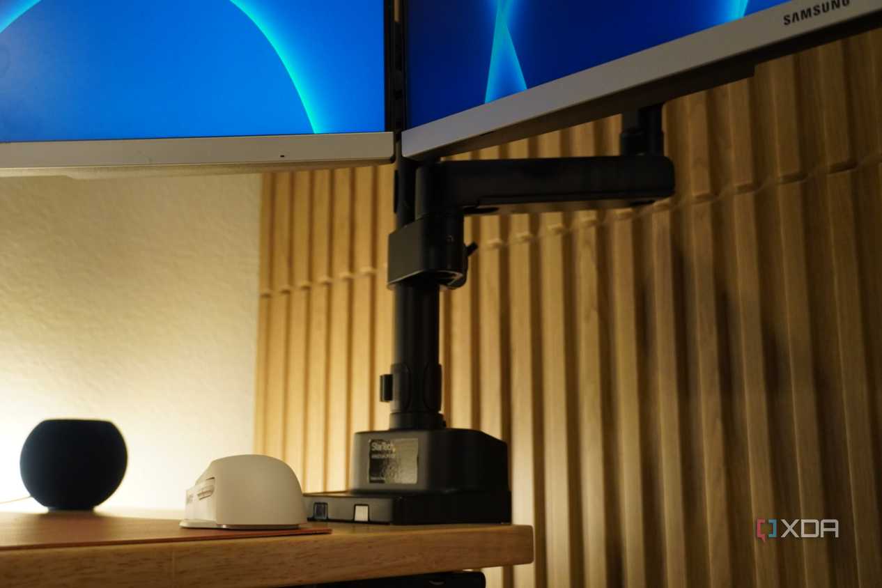 The StarTech dual monitor arm from the bottom.