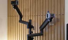 The StarTech dual monitor arm without monitors attached.