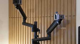 The StarTech dual monitor arm without monitors attached.