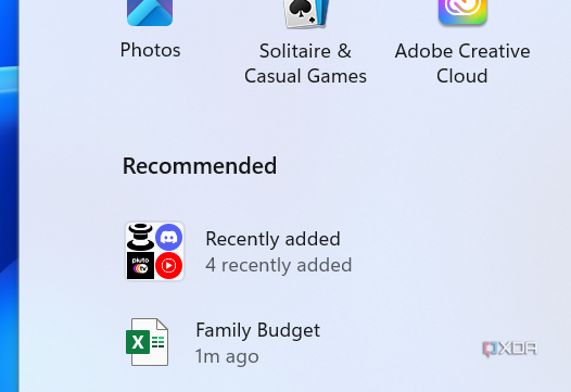 Screenshot of a folder in the Windows 11 Start menu recommended section showing recently added apps