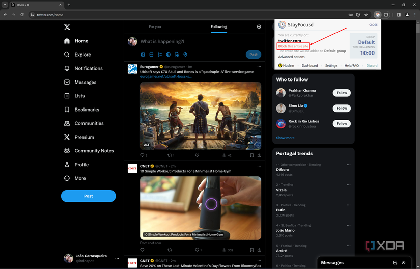 Screenshot of Google Chrome with the Stayfocusd extension flyout