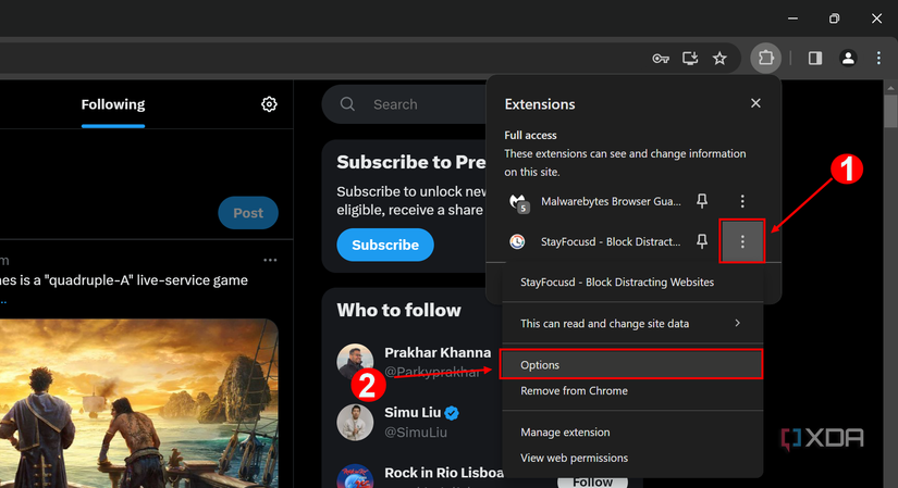 Screenshot of the extension context menu for Stayfocusd in Google Chrome with the options button highlighted
