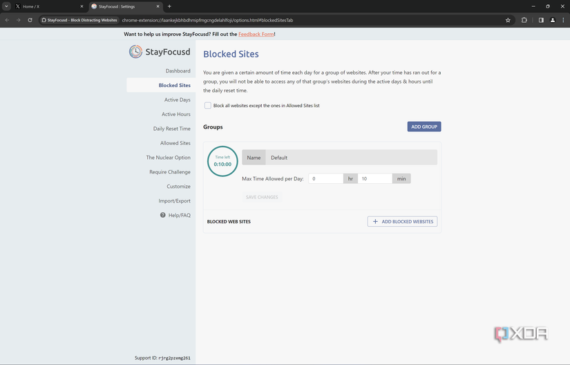 Screenshot of the Stayfocusd settings page open to the Blocked sites tab