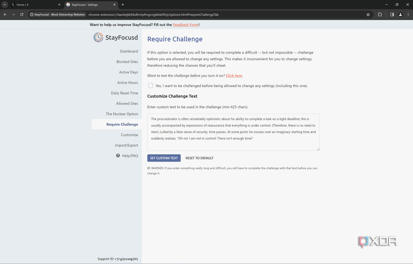 Screenshot of the Require challenge in Stayfocusd settings