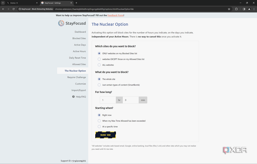 Screenshot of the nuclear option in Stayfocusd settings