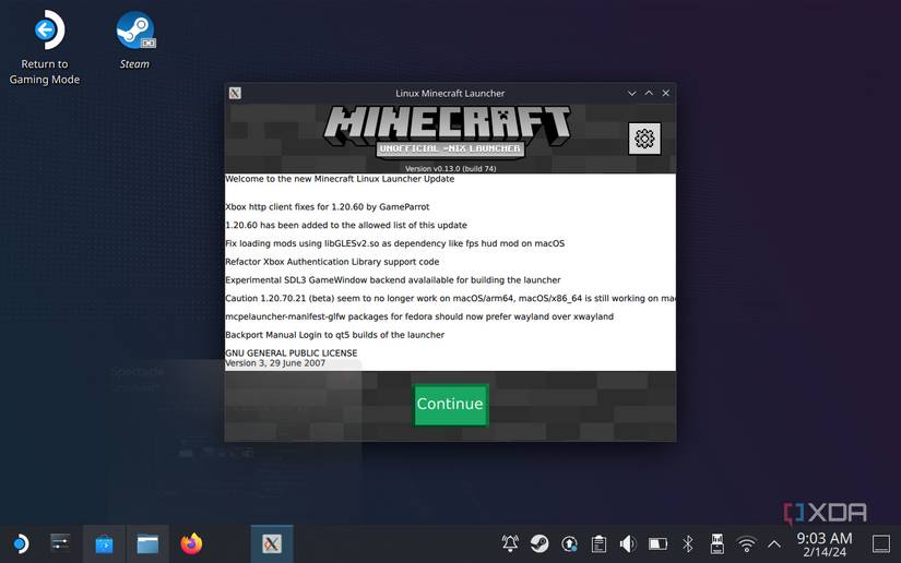 Click Continue in the Bedrock Minecraft Launcher