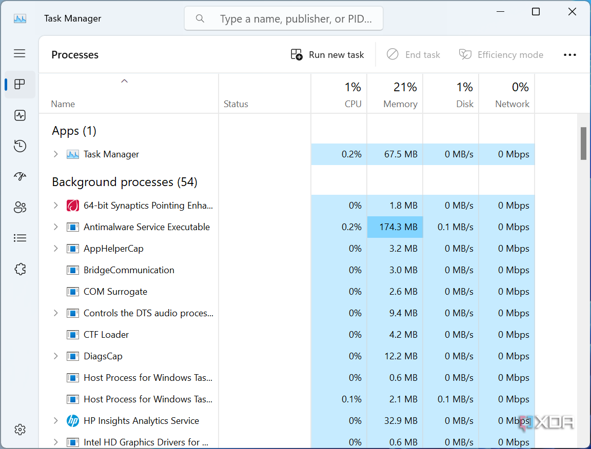 Screenshot of the processes list in Task Manager in Tiny11
