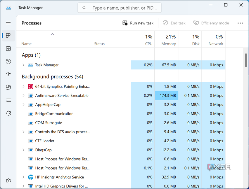 Screenshot of the processes list in Task Manager in Tiny11