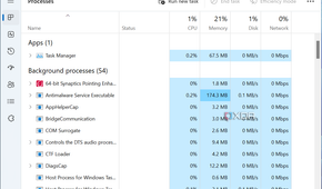 Screenshot of the processes list in Task Manager in Tiny11