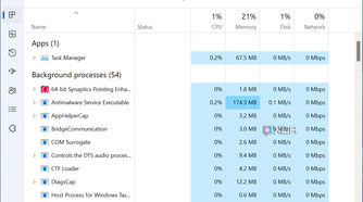 Screenshot of the processes list in Task Manager in Tiny11