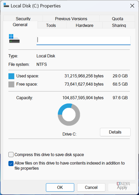 Windows dialog showing available storage on Tiny11 after installing updates