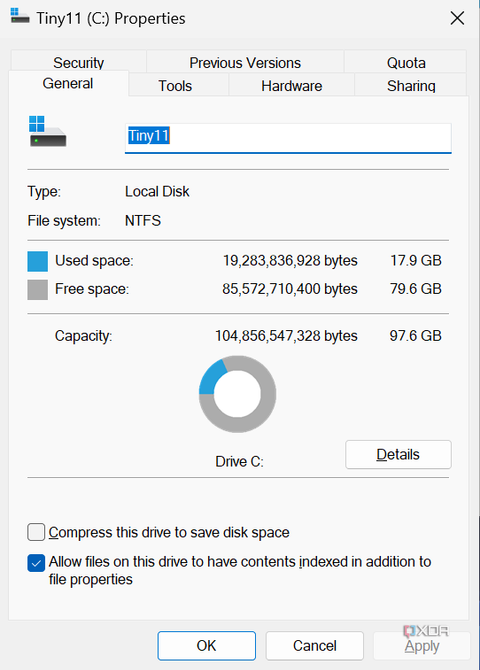 Screenshot of the storage capacity dialog for a 100GB drive with Tiny11 installed before any updates