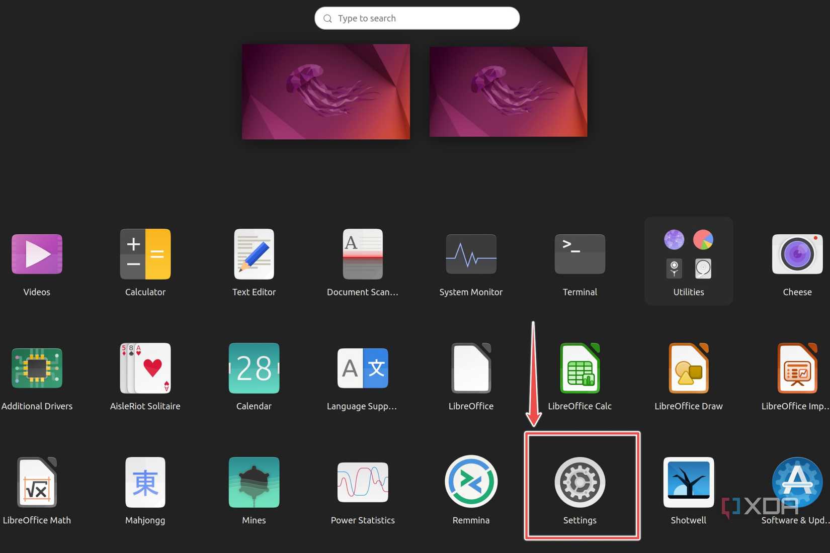 A screenshot displaying how to open Settings on Ubuntu