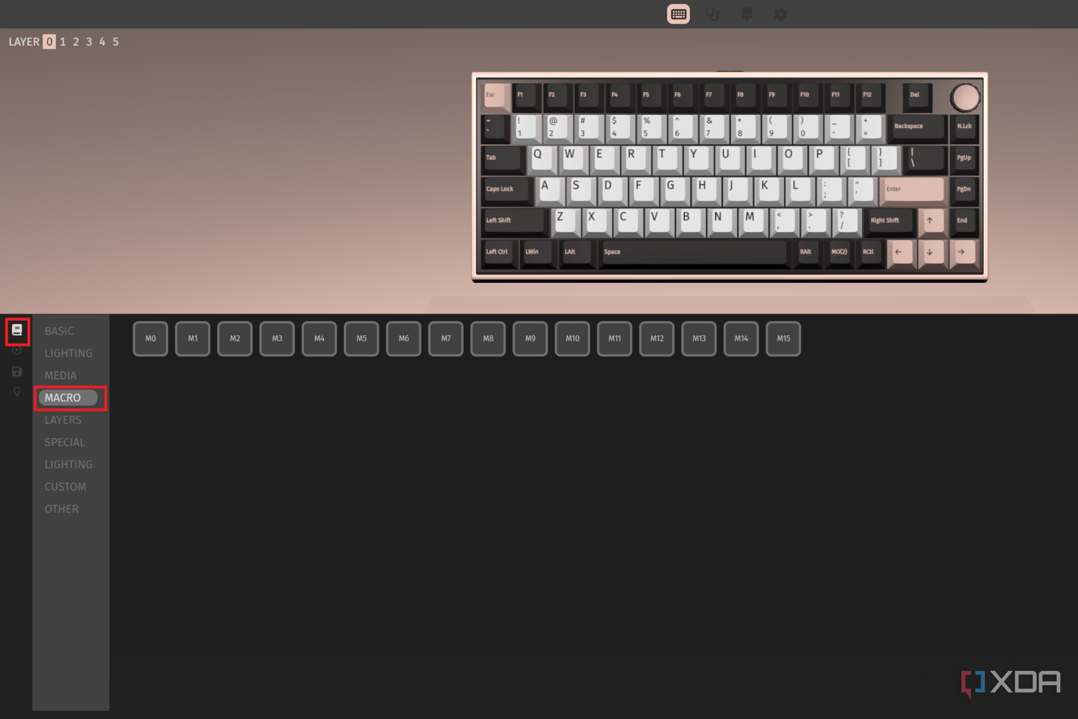 Screen shot showing the Macro option under keybinding section marked in red