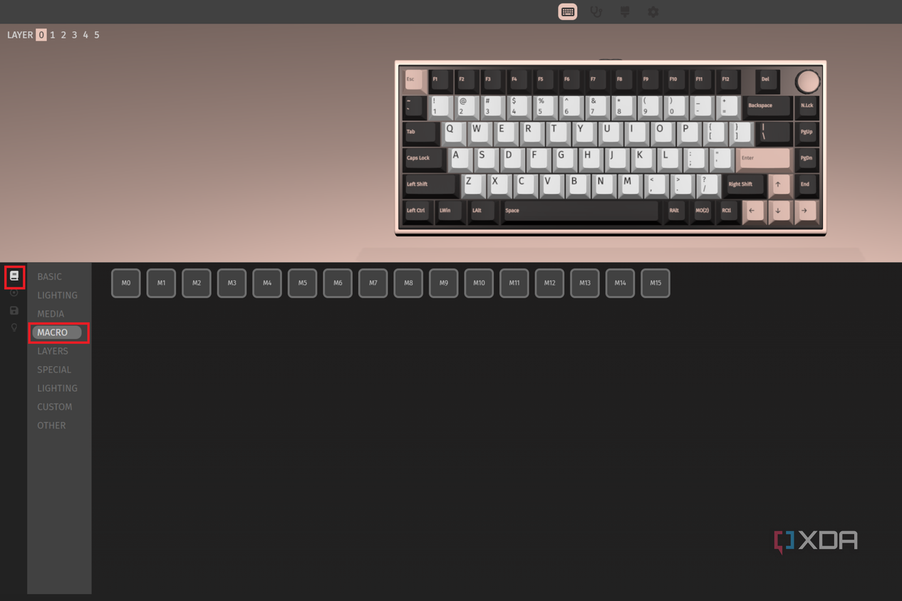 Screen shot showing the Macro option under keybinding section marked in red