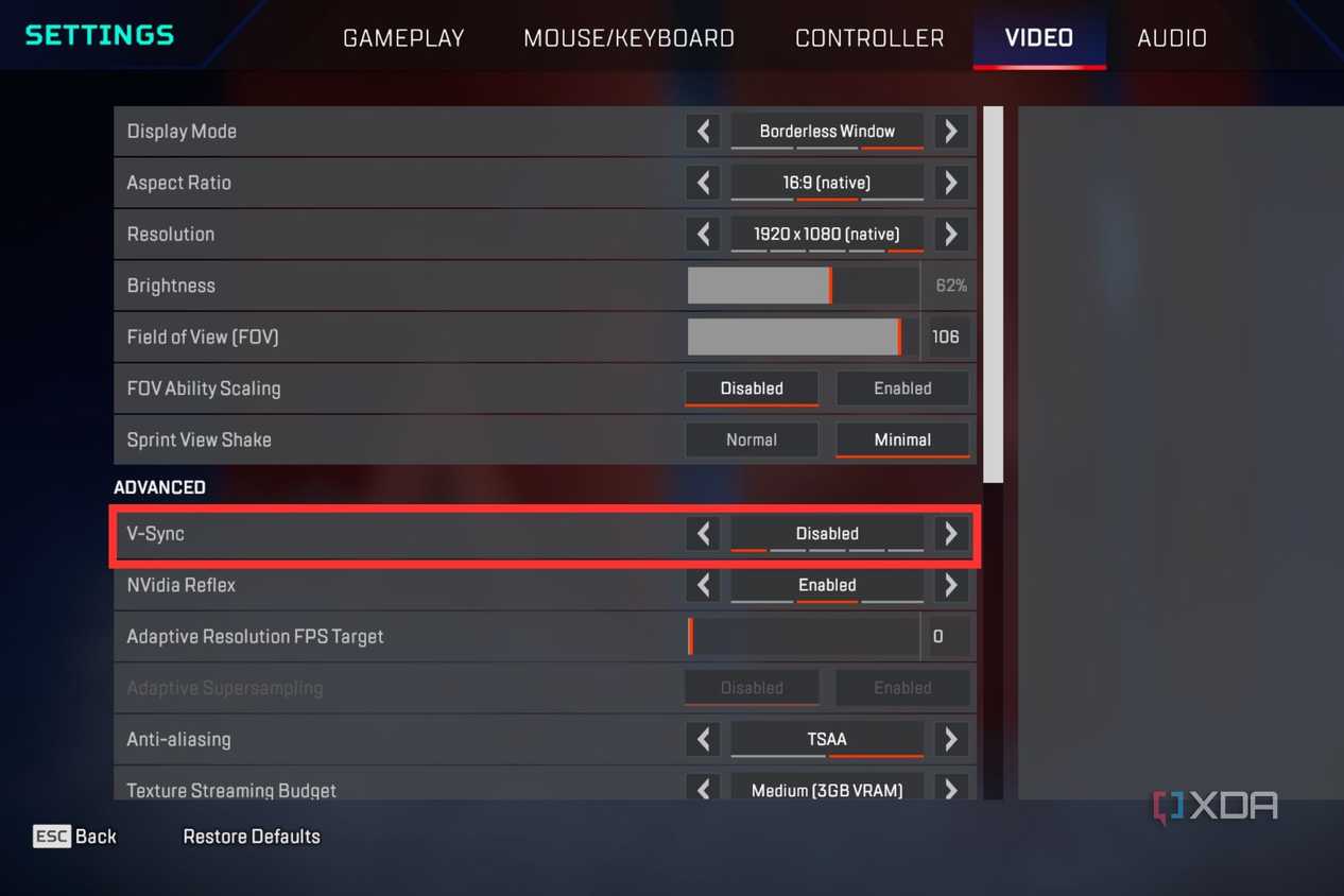 A screenshot showing the highlighted VSync option in Apex Legends setting page.