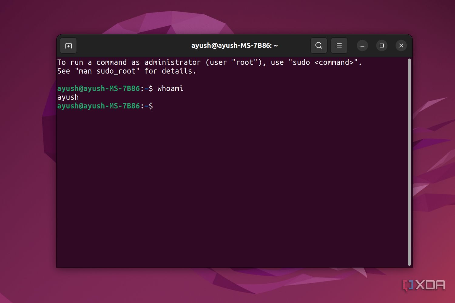 An Ubuntu Terminal displaying the whoami command