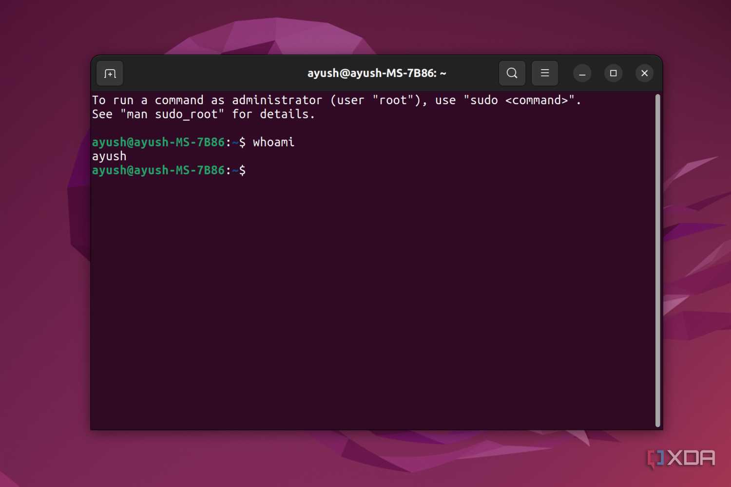 An Ubuntu Terminal displaying the whoami command