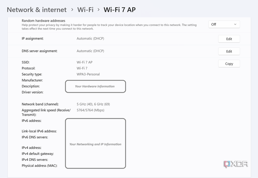 Screenshot of Windows 11 Settings when connected to a Wi-Fi 7 network