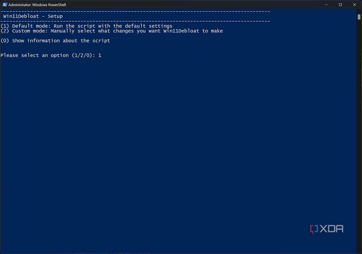 Screenshot of Win11Debloat PowerShell script giving the user the option to run it in default or custom mode