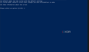 Screenshot of Win11Debloat PowerShell script giving the user the option to run it in default or custom mode