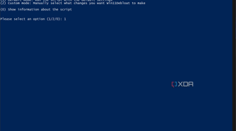 Screenshot of Win11Debloat PowerShell script giving the user the option to run it in default or custom mode