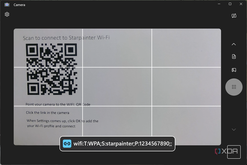 Screenshot of the WIndows 11 camera app giving the user the optioon to connect to a Wi-Fi network using a QR code