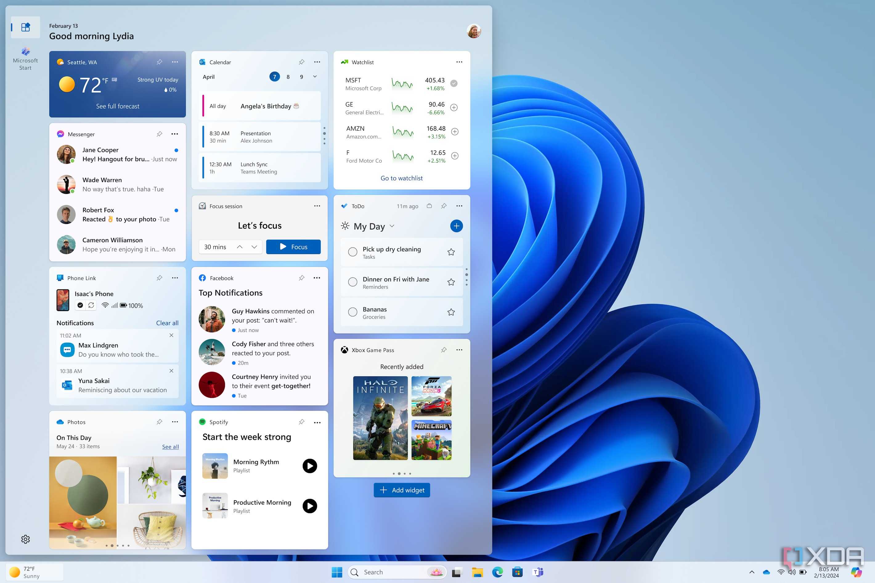 Screenshot of the Windows 11 Widgets board in the My Widgets view
